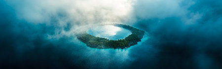 Panoramic View of Crater Lake with a Serene Island Amidst Deep Blue Watersの写真素材