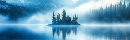 Panoramic View of Crater Lake with a Serene Island Amidst Deep Blue Watersの写真素材