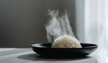 Steaming Jasmine Rice on a Sleek Black Plate Against a Bright White Backgroundの写真素材