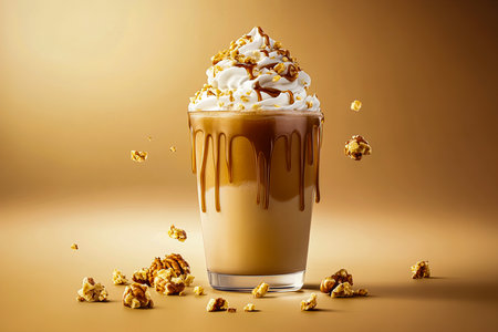 Iced coffee with whipped cream, caramel and popcorn on brown backgroundの写真素材