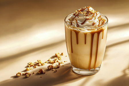 Iced coffee with whipped cream and caramel on a golden background.の写真素材