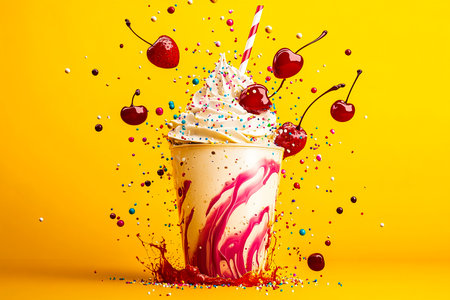 Explosive Milkshake Burst with Swirls of Chocolate, Vanilla, and Strawberry on Yellow Backgroundの写真素材