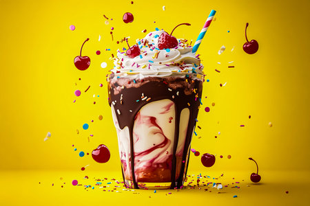 Explosive Milkshake Burst with Swirls of Chocolate, Vanilla, and Strawberry on Yellow Backgroundの写真素材