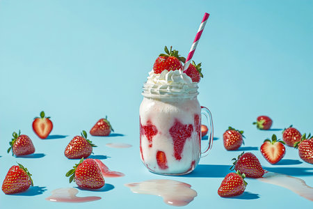 Refreshing Strawberry Milkshake in a Mason Jar with Fresh Berries and Whipped Creamの写真素材
