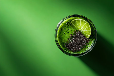 Healthy Green Smoothie Topped with Chia Seeds and Lime, Captured in Studio Photographyの写真素材