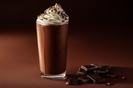 Luxurious Chocolate Smoothie Topped with Whipped Cream and Chocolate Drizzle on a Rich Brown Backgroundの写真素材