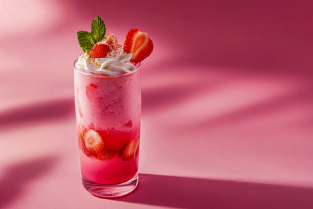 Refreshing Strawberry Smoothie in a Tall Glass with Fresh Slices and Mint on a Pastel Pink Backgroundの写真素材