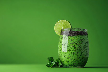 Healthy Green Smoothie Topped with Chia Seeds and Lime, Captured in Studio Photographyの写真素材