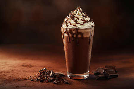 Luxurious Chocolate Smoothie Topped with Whipped Cream and Chocolate Drizzle on a Rich Brown Backgroundの写真素材