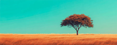 Lone Tree Standing in a Vast Grassy Field Against a Teal and Orange Cinematic Backgroundの写真素材
