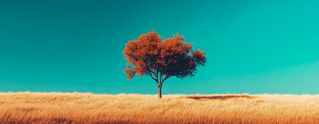Lone Tree Standing in a Vast Grassy Field Against a Teal and Orange Cinematic Backgroundの写真素材