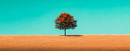 Lone Tree Standing in a Vast Grassy Field Against a Teal and Orange Cinematic Backgroundの写真素材