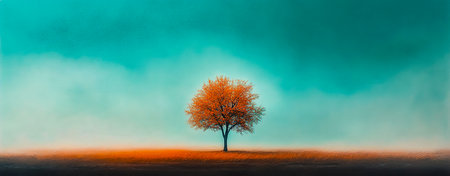 Lone Tree Standing in a Vast Grassy Field Against a Teal and Orange Cinematic Backgroundの写真素材