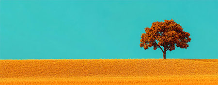 Lone Tree Standing in a Vast Grassy Field Against a Teal and Orange Cinematic Backgroundの写真素材