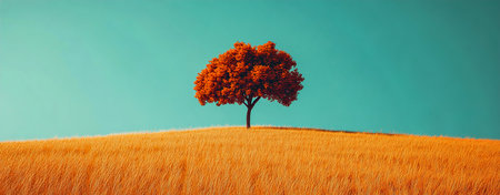 Lone Tree Standing in a Vast Grassy Field Against a Teal and Orange Cinematic Backgroundの写真素材