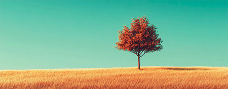 Lone Tree Standing in a Vast Grassy Field Against a Teal and Orange Cinematic Backgroundの写真素材