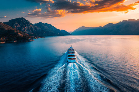 Aerial View of a Luxury Yacht Sailing Through Blue Waters at Sunset with Mountain Backdropの写真素材