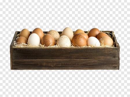 Farm-Fresh Eggs in a Wooden Crate with Soft Straw, Isolated on a Transparent Backgroundの写真素材