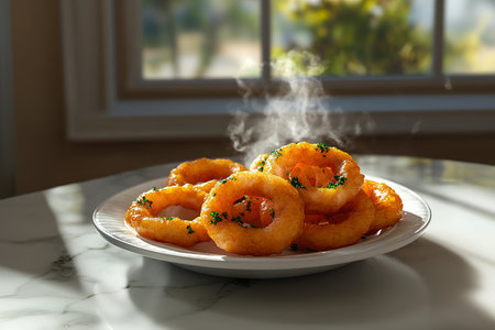 Steaming Onion Rings on a White Porcelain Dish with Fresh Herb Garnishの写真素材