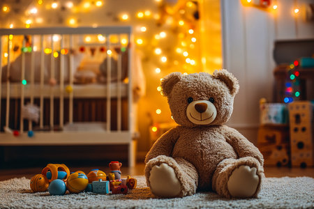 Teddy Bear Centered on White Carpet in Babyâs Room with Soft Pastel Decorationsの写真素材