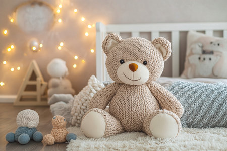 Teddy Bear Centered on White Carpet in Babyâs Room with Soft Pastel Decorationsの写真素材