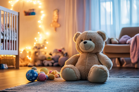 Teddy Bear Centered on White Carpet in Babyâs Room with Soft Pastel Decorationsの写真素材