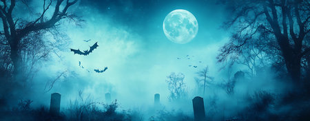 Graveyard Under the Moonlight: Misty Forest, Crows Flying, and a Mysterious, Spooky Atmosphereの写真素材