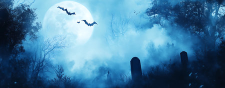 Graveyard Under the Moonlight: Misty Forest, Crows Flying, and a Mysterious, Spooky Atmosphereの写真素材
