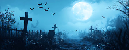 Graveyard Under the Moonlight: Misty Forest, Crows Flying, and a Mysterious, Spooky Atmosphereの写真素材
