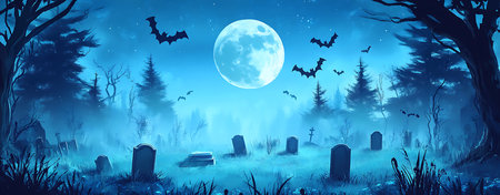 Graveyard Under the Moonlight: Misty Forest, Crows Flying, and a Mysterious, Spooky Atmosphereの写真素材