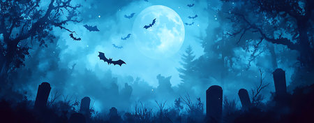 Graveyard Under the Moonlight: Misty Forest, Crows Flying, and a Mysterious, Spooky Atmosphereの写真素材