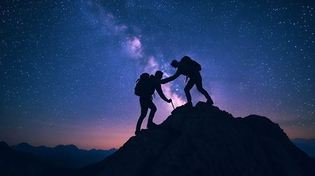 Two Friends Climbing a Mountain at Sunset Conquering Together with One Helping the Other