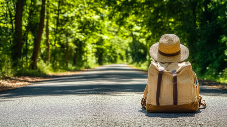Solo Traveler Exploring a Scenic Woodland Path, Backpacker in Straw Hat Walking Along a Forest Trailの写真素材