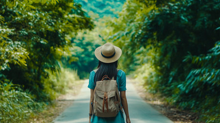 Solo Traveler Exploring a Scenic Woodland Path, Backpacker in Straw Hat Walking Along a Forest Trailの写真素材