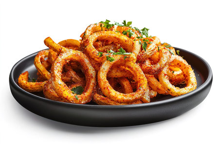 Crispy Curly Fries on a Black Plate with White Backgroundの写真素材
