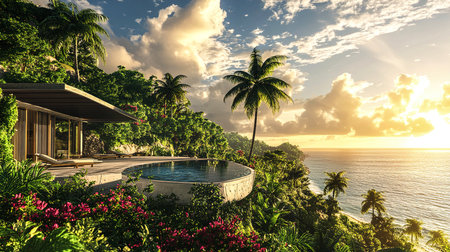 Luxury Poolside Lounge Overlooking a Turquoise Sea on a Tropical Islandの写真素材