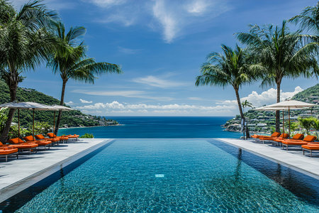 Luxury Poolside Lounge Overlooking a Turquoise Sea on a Tropical Island