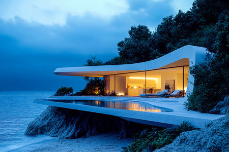 Modern Luxury Hillside Villa with Infinity Pool and Ocean View at Nightの写真素材