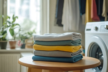 Stack of Clean Clothes in Laundry Room with Modern Washing Machineの写真素材