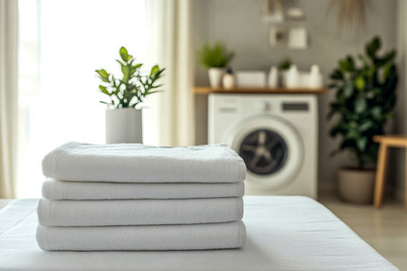 Stack of Clean Clothes in Laundry Room with Modern Washing Machineの写真素材