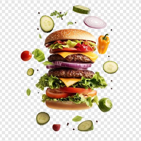 Cheeseburger with Vegetables and Sauce Isolated on Transparent Backgroundの写真素材