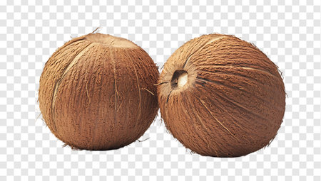 Two coconuts, one of which is split, on a transparent background