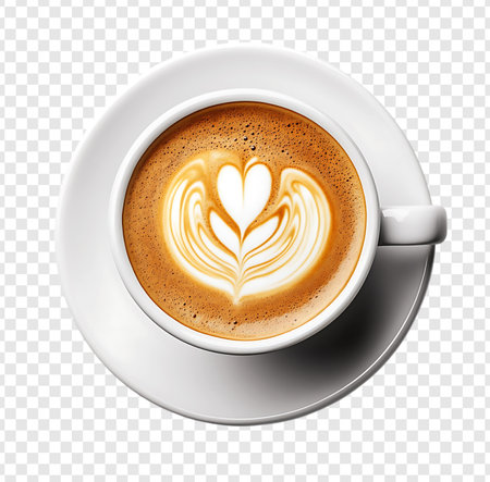 Hot Latte with Rosetta Latte Art, Isolated on Transparent White Backgroundの写真素材
