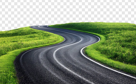 Curved Asphalt Path Through Lush Green Grassの写真素材