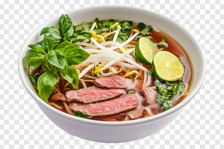 Pho Noodles with Tender Beef, Fresh Bean Sprouts, Basil, and Lime in a Flavorful Vietnamese Beef Brothの写真素材