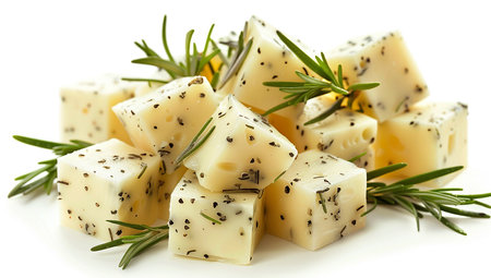 Feta Cheese Pieces on Isolated White Backgroundの写真素材