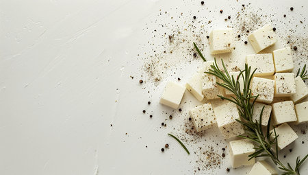 Feta Cheese Pieces on Isolated White Backgroundの写真素材