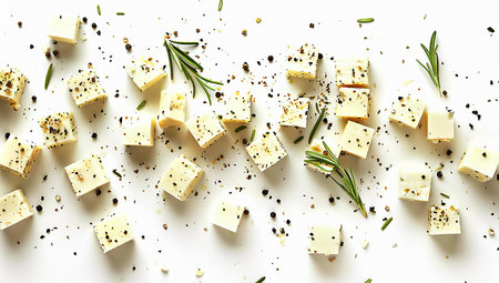 Feta Cheese Pieces on Isolated White Backgroundの写真素材