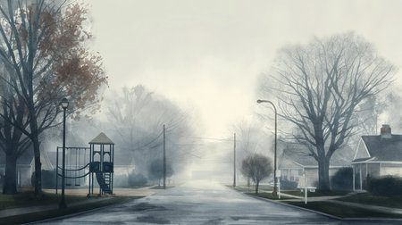 A Dark, Misty Aura Envelops a Futuristic Small Town, as Houses Emerge with an Ethereal Glow Over Empty Streetsの写真素材