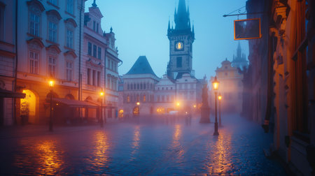 A Dark, Misty Aura Envelops a Futuristic Metropolis, as Skyscrapers Emerge with an Ethereal Glow Over Empty Streetsの写真素材
